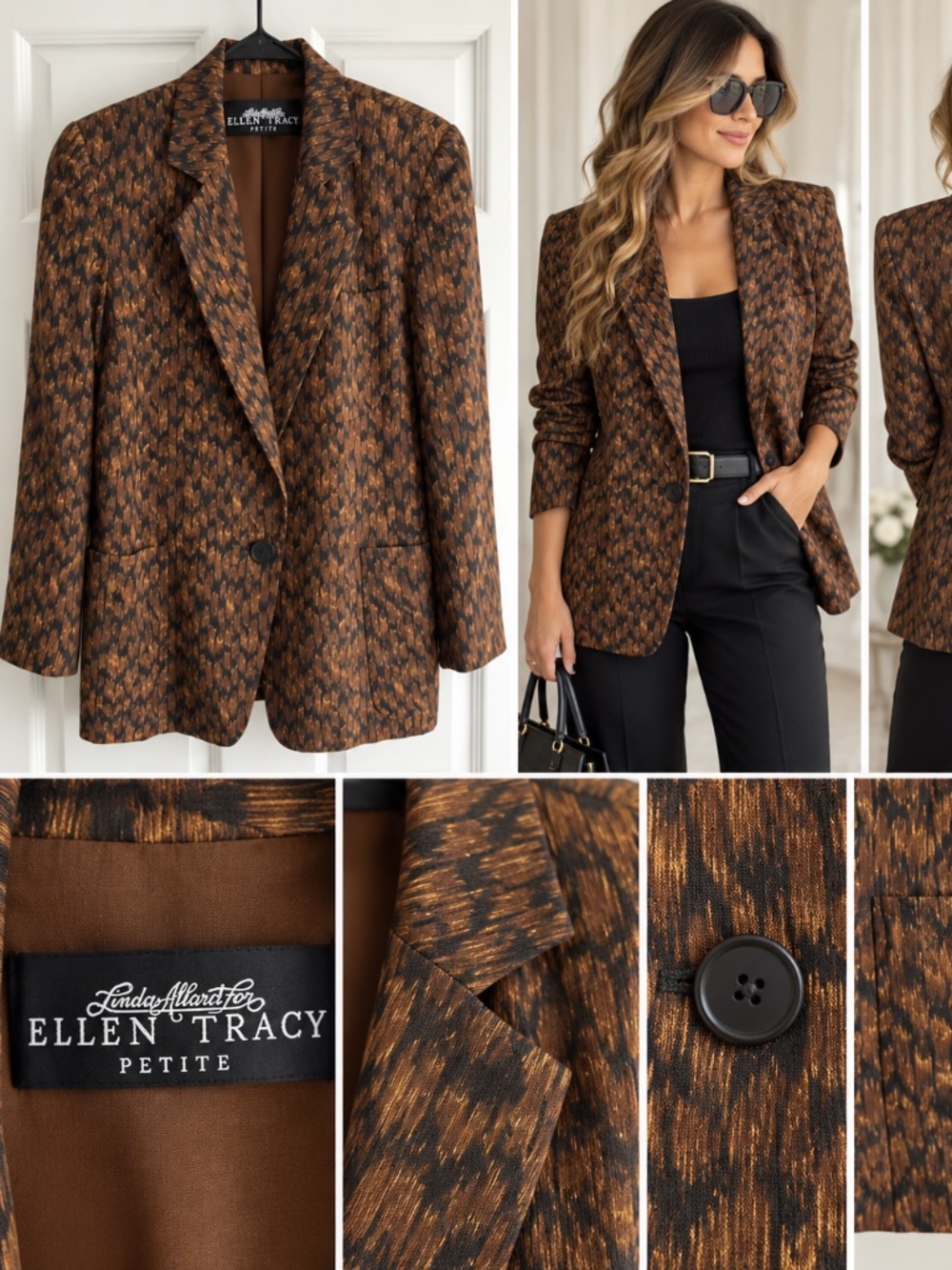 100% SILK Ellen Tracy Petite Lynda Allard Brown Abstract Print Blazer Jacket